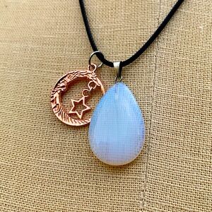 Handmade Teardrop Opalite Stone Amulet with Moon & Star Charm